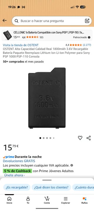 Oferta Batería OSTENT 1800mAh 3.6V para Sony PSP 1
