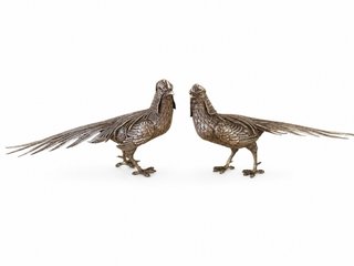 Pareja de faisanes de plata de ley 40 cm