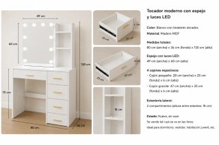 Tocador infantil blanco con espejo y luces