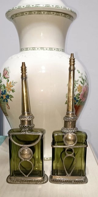 Antiguos Perfumadores Vidrio verde metal, Karl Hör