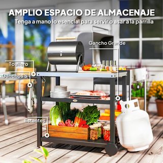 Carrito BBQ con Encimera Estantes Ruedas Gris TARA