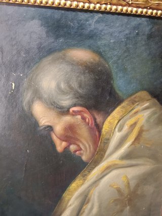 Curioso retrato de sacerdote. Óleo sobre tela s. XIX.