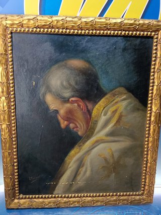 Curioso retrato de sacerdote. Óleo sobre tela s. XIX.