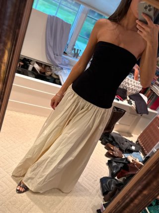 Vestido Maxi Negro y Beige sin Tirantes