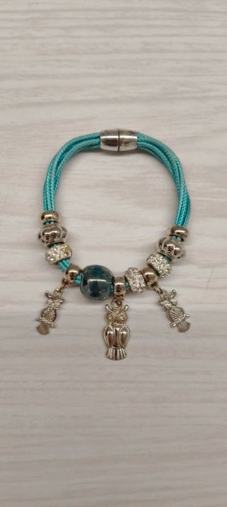 Pulsera Charms Búhos Plata y Turquesa. Nylon.