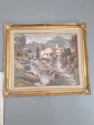 Cuadro al óleo paisaje con marco dorado