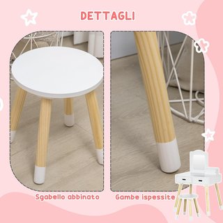 Conjunto de Tocador para Niños de Madera, Mesa de Maquillaje con Espejo y 2 Cajones y Taburete en Estilo Escandinavo, Blanco y Color Madera