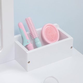Conjunto de Tocador para Niños de Madera, Mesa de Maquillaje con Espejo y 2 Cajones y Taburete en Estilo Escandinavo, Blanco y Color Madera