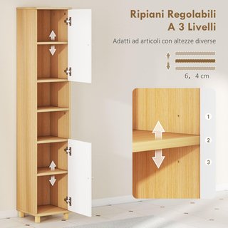 Mueble de Baño de Columna con Puertas, 2 Estantes Abiertos, 2 Armarios, Mueble de Baño Ahorra Espacio con Estantes Regulables para Comedor, Sala de Estar, 30X30X166 Cm, Blanco y Madera