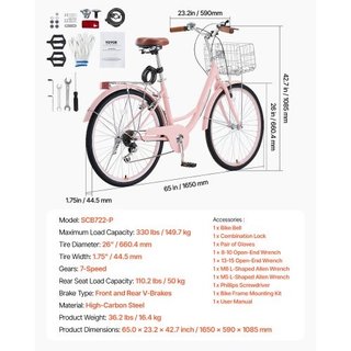 Cruiser Bike, 7-Speed, 26-Inch Pink Beach Cruiser