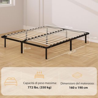 Estructura de Cama Matrimonial 160X190 Cm con 28 Listones, Red de Cama de Madera con Estructura de Acero y Espacio de Almacenamiento Inferior, para Dormitorio, Montaje Fácil, Altura 31Cm, Negro