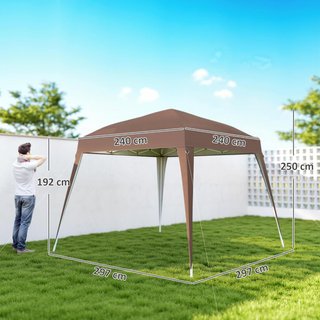 Gazebo Plegable 2.4X2.4M, Gazebo de Jardín Estructura de Acero, Cuerdas Antiviento y Bolsa de Transporte, Café