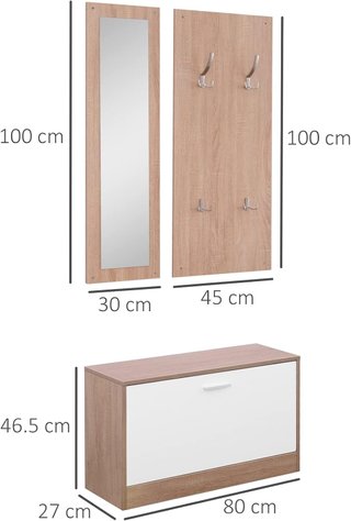Juego de Muebles de Entrada 3 Piezas con Banco Zapatero, Perchero de Pared y Espejo, Armario para Dormitorio y Pasillo en Madera, 80X27X46.5 Cm Color Madera y Blanco