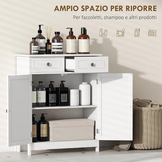 Mueble de Baño de 2 Puertas con Estante Regulable y 2 Cajones, Armario de Baño Ahorra Espacio en Madera, 60X30X75 Cm, Blanco