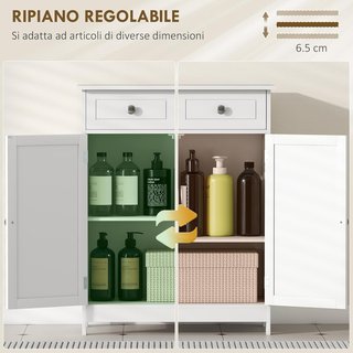 Mueble de Baño de 2 Puertas con Estante Regulable y 2 Cajones, Armario de Baño Ahorra Espacio en Madera, 60X30X75 Cm, Blanco