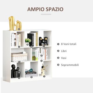 Mueble Librería Portaobjetos de 3 Niveles y 8 Estantes Totales, Mueble para Sala de Estar y Dormitorio en MDF, 97.5X30X100 Cm, Blanco