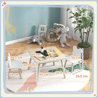 Conjunto de Mesa y 2 Sillas para Niños de 3-6 Años, Mesa para Niños 3 en 1 con Pizarra Desmontable, Compartimento de Almacenamiento y Sillas con Respaldo de Oso, para Habitación Infantil y Sala de...