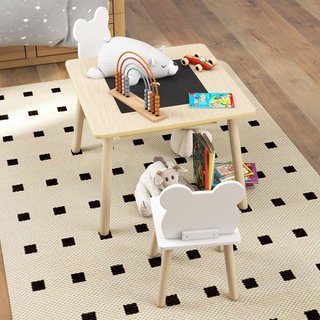 Conjunto de Mesa y 2 Sillas para Niños de 3-6 Años, Mesa para Niños 3 en 1 con Pizarra Desmontable, Compartimento de Almacenamiento y Sillas con Respaldo de Oso, para Habitación Infantil y Sala de...
