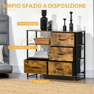 Cómoda de 4 Cajones y 2 Estantes Abiertos de Tela, Cómoda Plegable para Dormitorio, Sala de Estar con Patas Ajustables, Estilo Industrial, 84X30X71.5Cm, Marrón Rústico
