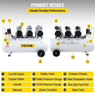 Compresor de Aire 22 Galones Ultra Silencioso Compresor de Aire Sin Aceite Tanque de 80L Compresor de Aire Silencioso Compresor Sin Aceite de 2.2KW Bajo ruido con Válvula de Solenoide Segura
