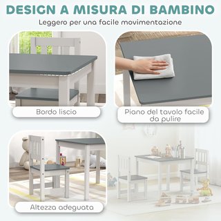 Juego de Mesa y 2 Sillas para Niños de 3 a 8 Años, Mesa para Niños con Sillas con Respaldo de Listones, Esquinas Redondeadas, en Madera de Pino y MDF para Habitación Infantil y Salón, Gris y Blanco