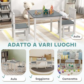 Juego de Mesa y 2 Sillas para Niños de 3 a 8 Años, Mesa para Niños con Sillas con Respaldo de Listones, Esquinas Redondeadas, en Madera de Pino y MDF para Habitación Infantil y Salón, Gris y Blanco
