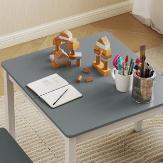 Juego de Mesa y 2 Sillas para Niños de 3 a 8 Años, Mesa para Niños con Sillas con Respaldo de Listones, Esquinas Redondeadas, en Madera de Pino y MDF para Habitación Infantil y Salón, Gris y Blanco