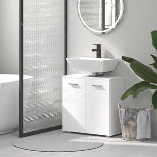 Mueble Bajo Lavabo de 2 Puertas, Armario Ahorrador de Espacio para Lavabo en Madera con Estante Regulable, Blanco Brillante