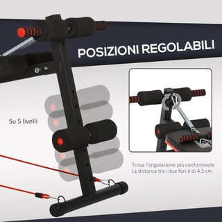 Banco de Abdominales Plegable y Regulable para Entrenar en Casa, Banco de Gimnasio Multifuncional con Extractor de Resorte y 2 Cuerdas Elásticas, en Acero y Acolchado Negro y Rojo 51X137X50-66Cm