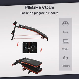 Banco de Abdominales Plegable y Regulable para Entrenar en Casa, Banco de Gimnasio Multifuncional con Extractor de Resorte y 2 Cuerdas Elásticas, en Acero y Acolchado Negro y Rojo 51X137X50-66Cm