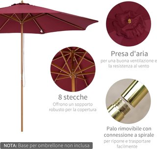 Sombrilla de Jardín 3x2.5 con Poste de Madera y 8 Varillas y Cubierta de Poliéster Rojo Oscuro