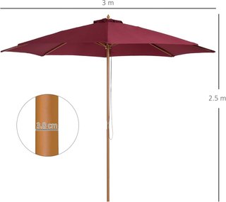 Sombrilla de Jardín 3x2.5 con Poste de Madera y 8 Varillas y Cubierta de Poliéster Rojo Oscuro