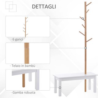 Banco Con Perchero De Entrada, Perchero De Pie De Bambú, Banco De Entrada Blanco, Diseño, También Para Dormitorio, 80X30X180Cm, Blanco Madera