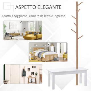 Banco Con Perchero De Entrada, Perchero De Pie De Bambú, Banco De Entrada Blanco, Diseño, También Para Dormitorio, 80X30X180Cm, Blanco Madera