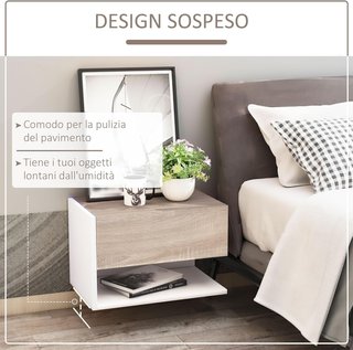 Juego De 2 Mesitas De Noche Suspendidas Con Cajón Y Estante, Mobiliario Moderno Para Dormitorio, Blanco Y Roble