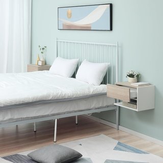 Juego De 2 Mesitas De Noche Suspendidas Con Cajón Y Estante, Mobiliario Moderno Para Dormitorio, Blanco Y Roble