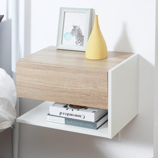 Juego De 2 Mesitas De Noche Suspendidas Con Cajón Y Estante, Mobiliario Moderno Para Dormitorio, Blanco Y Roble