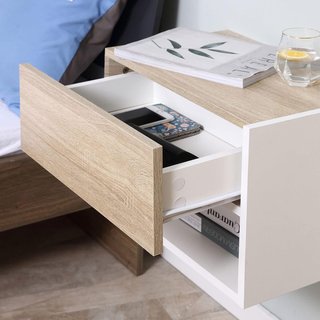 Juego De 2 Mesitas De Noche Suspendidas Con Cajón Y Estante, Mobiliario Moderno Para Dormitorio, Blanco Y Roble