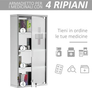 Armario Medicinal Caja de Medicina de Cuatro Estantes en Acero Inoxidable 30 X 12 X 60Cm