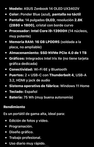 Asus Zenbook 14 i9 1TB SSD 16GB RAM