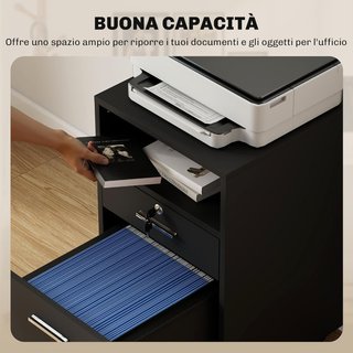 Archivador De Oficina Con 2 Cajones, 5 Ruedas Y Estante Abierto, Cajonera De Oficina Con Cerradura Y 2 Llaves para Carta/Formato A4, Armario Vertical Para Estudio, 39X40X65 Cm, Negro