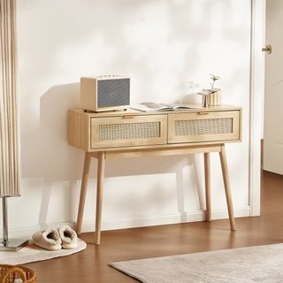 Mesa Consola de Ratan con 2 Cajones de Almacenamie