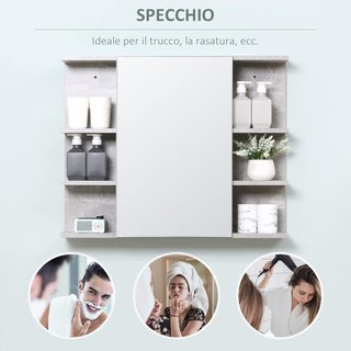 Armario Espejo de Baño de Pared, Mueble Colgante Moderno con Puerta y Estantes de Madera, 80X19.8X64Cm, Gris