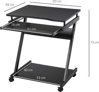 Scrivania per computer porta PC classica e salvaspazio, scrivania per camera con tastiera retrattile, 4 ruote e ripiano inferiore nero 60X48X73Cm