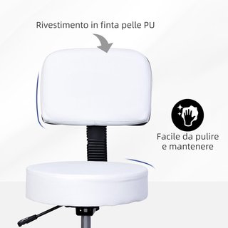 Taburete Giratorio Con Respaldo, Altura Ajustable Y 5 Ruedas En Piel PU Blanca Para Casa O Tienda