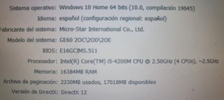 Portatil de 15,6" Msi 16gb ram-ssd-hdd