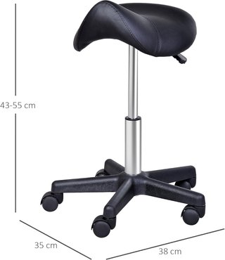 Taburete Giratorio en Forma de Silla con Ruedas, Taburete para Peluqueros y Esteticistas con Altura Regulable, Acolchado en Piel Sintética, Negro