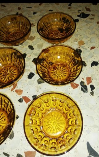 Juego Macedonia Cristal Ámbar Vintage Años 80