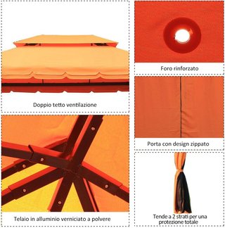 Gazebo De Jardín 4X3 M Con Mosquitera Y Toldos, Gazebo De Exterior Con Doble Techo Con Cubierta De Poliéster Anti UV Y Estructura De Aleación De Aluminio, Naranja