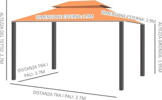 Gazebo De Jardín 4X3 M Con Mosquitera Y Toldos, Gazebo De Exterior Con Doble Techo Con Cubierta De Poliéster Anti UV Y Estructura De Aleación De Aluminio, Naranja